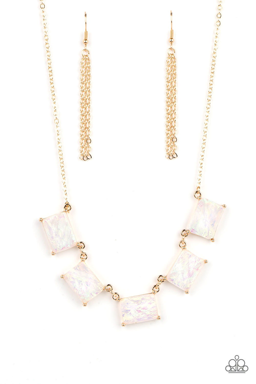 Paparazzi Accessories Opalescent Oblivion - Gold Featuring a refracted shimmer and an opalescent finish, a collection of emerald-cut, white gems link along the collar to create a hypnotic pop of color. Each gem is pressed into a gold frame with pronged fi