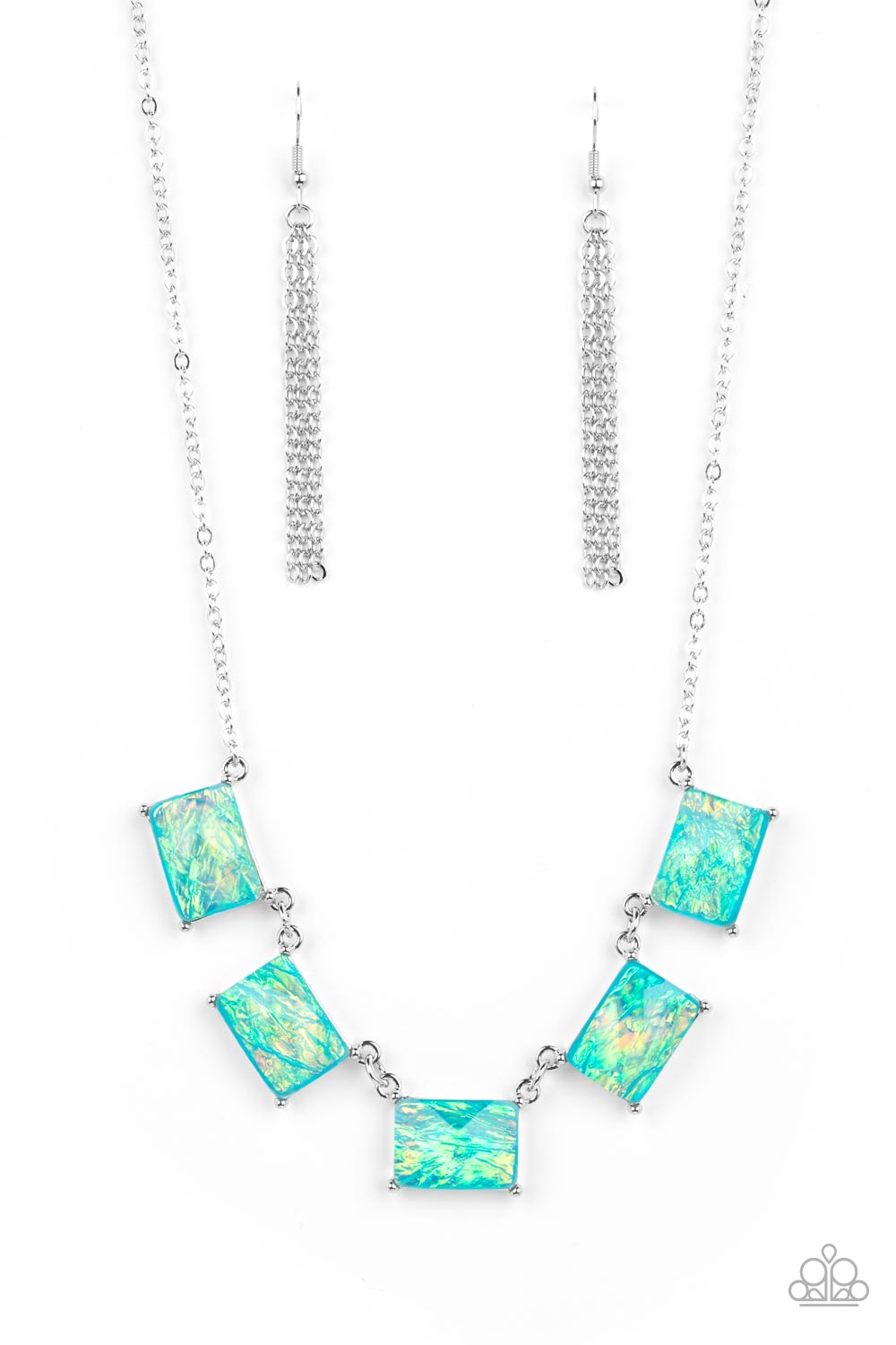 Paparazzi Accessories Opalescent Oblivion - Blue Featuring a refracted shimmer and an opalescent finish, a collection of emerald-cut, glassy blue gems link along the collar to create a hypnotic pop of color. Each gem is pressed into a silver frame with pr