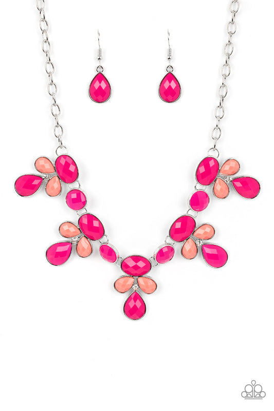 Paparazzi Accessories Midsummer Meadow - Pink Featuring dizzying faceted finishes, a collection of oval, round, and teardrop shaped beads in vibrant shades of coral and Pink Peacock cluster into colorful frames around dainty white rhinestones. The whimsic