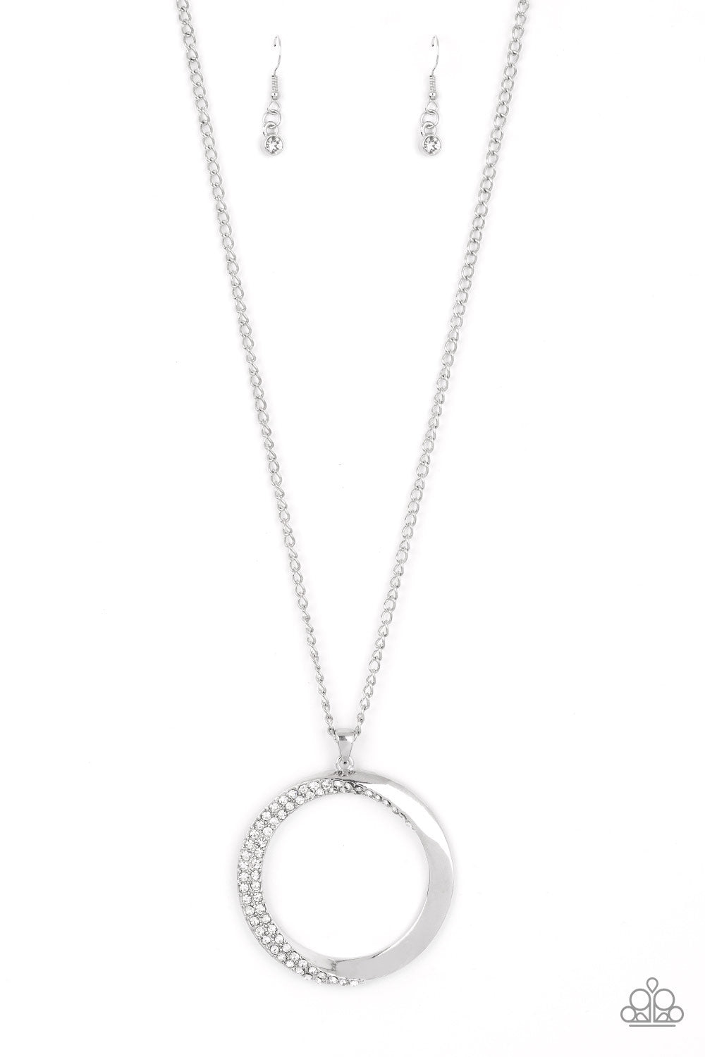 Paparazzi Accessories Encrusted Elegance - White An airy, oversized, warped, shiny silver hoop dangles down the chest from a classic silver chain. Two rows of dainty white rhinestones encrust along the inner curve of the hoop for an understated, elegant d