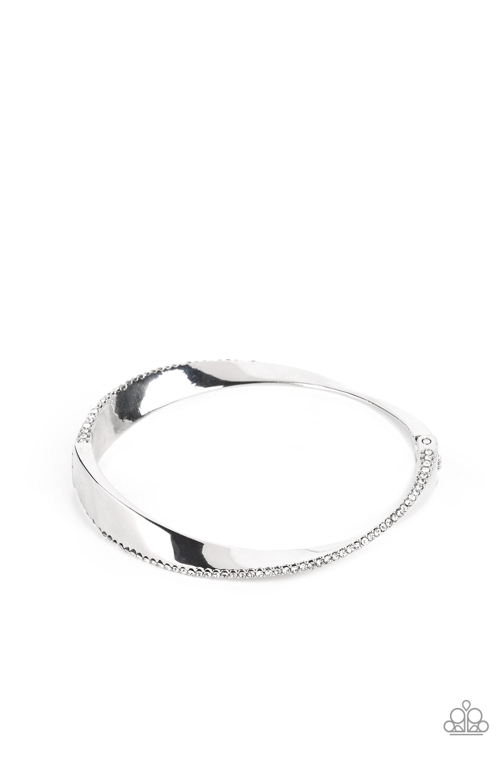 Paparazzi Accessories Artistically Adorned - White An oversized, warped, shiny silver cuff wraps around the wrist in an artistic manner. A dainty row of white rhinestones encrusts along the curves of the cuff for an understated, elegant dazzle. Features a