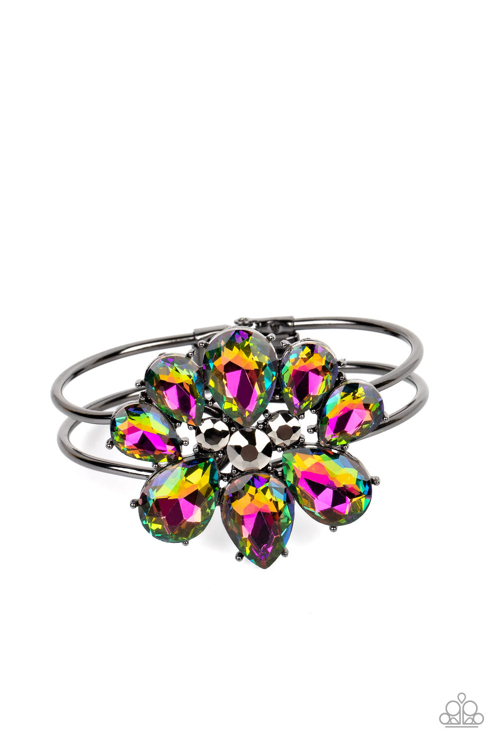 Paparazzi Accessories DAUNTLESS is More - Multi A dazzling collection of oil spill teardrop gems dramatically fan out around three round pieces of hematite, creating an explosion of sparkle. The exaggerated gems circle into a floral centerpiece that sits