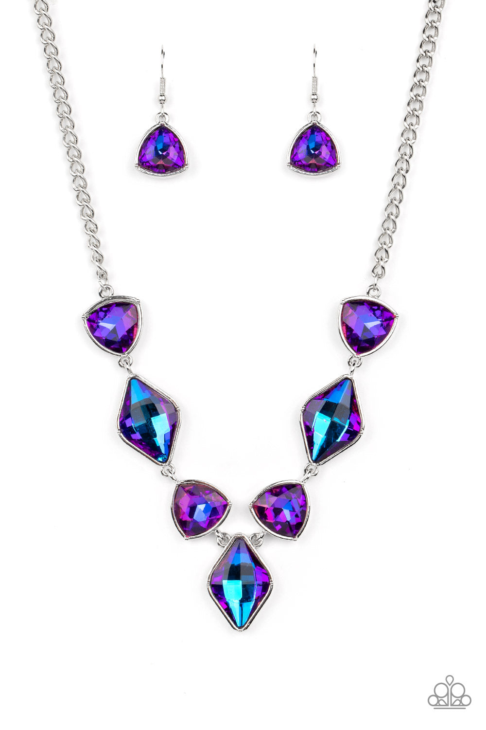 Paparazzi Accessories Glittering Geometrics - Purple Set in silver frames, glittering geometric purple shapes with a UV shimmer delicately coalesce around the collar for a statement piece. Features an adjustable clasp closure. Due to its prismatic palette