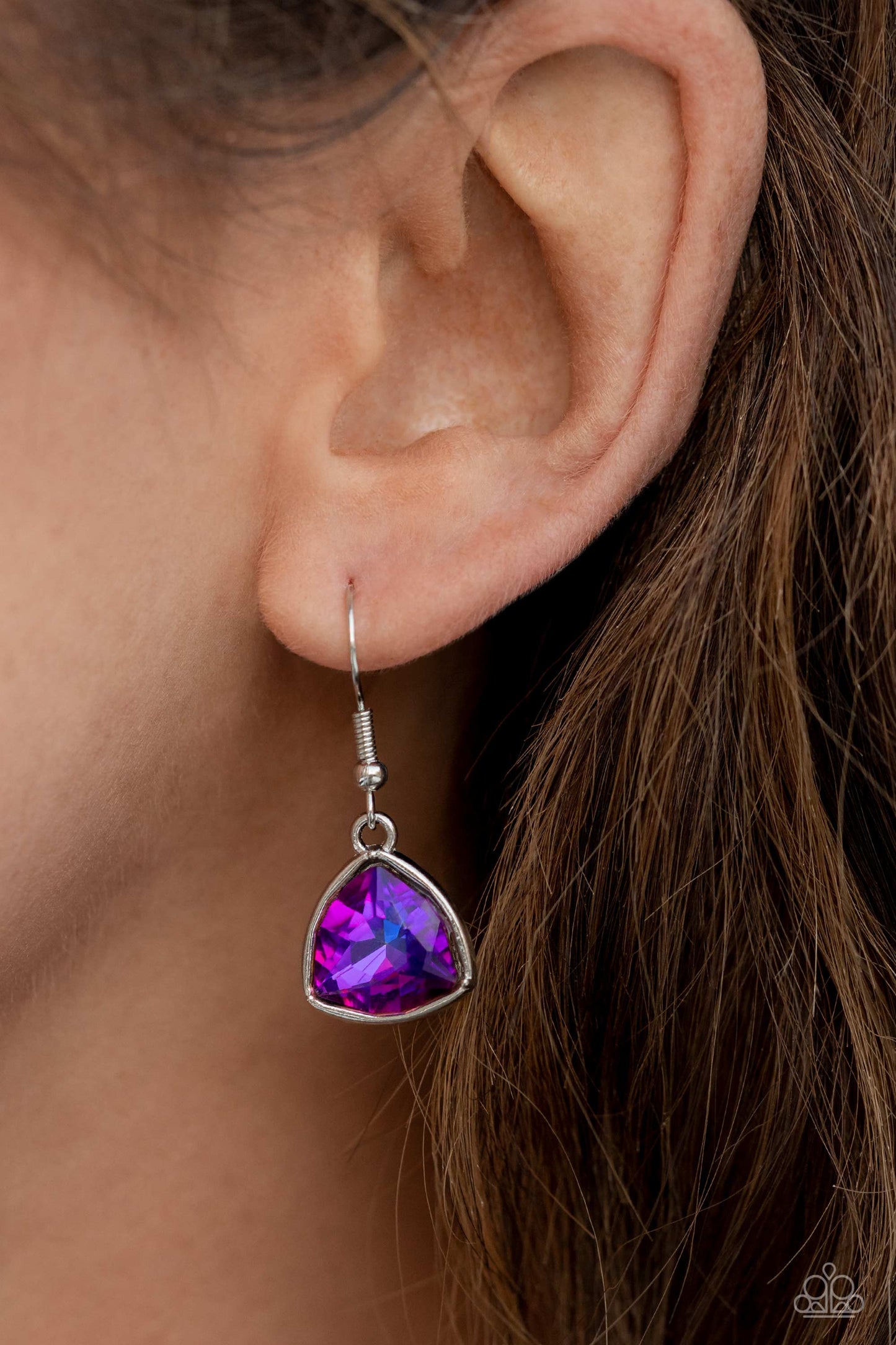 Paparazzi Accessories Glittering Geometrics - Purple Set in silver frames, glittering geometric purple shapes with a UV shimmer delicately coalesce around the collar for a statement piece. Features an adjustable clasp closure. Due to its prismatic palette
