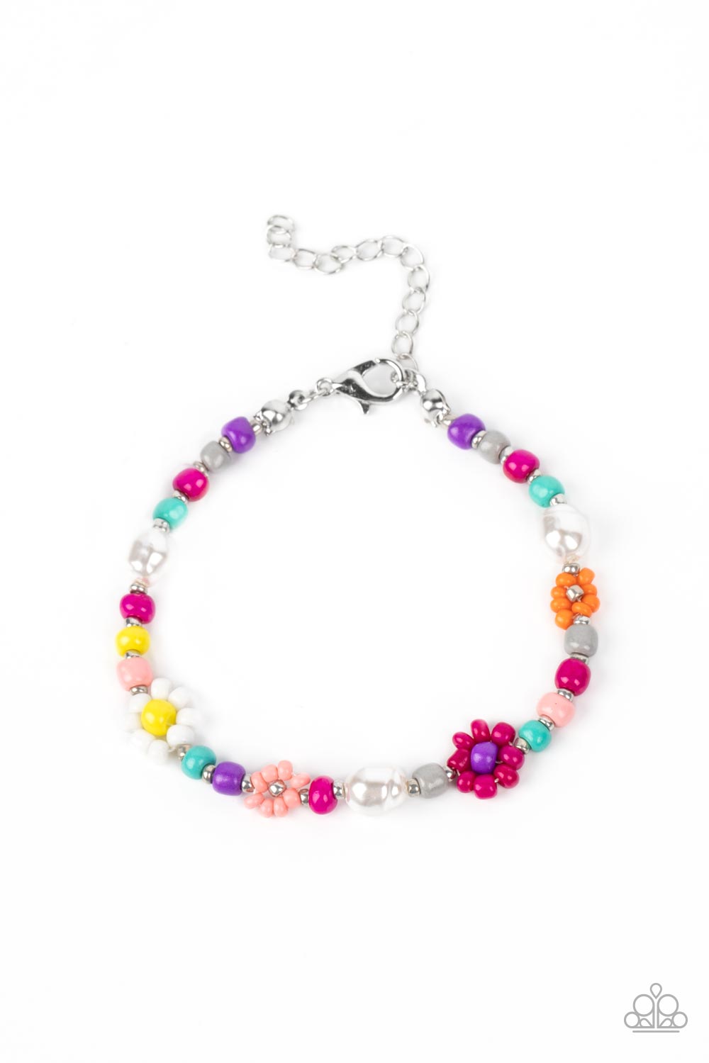Paparazzi Accessories Groovy Gerberas - Pink Modeled after gerber daisies, multicolored seed beed petals in shades of hot pink, orange, pink, and white bloom around lemon yellow, purple, and silver beaded centers resulting in a dazzling collection of flor