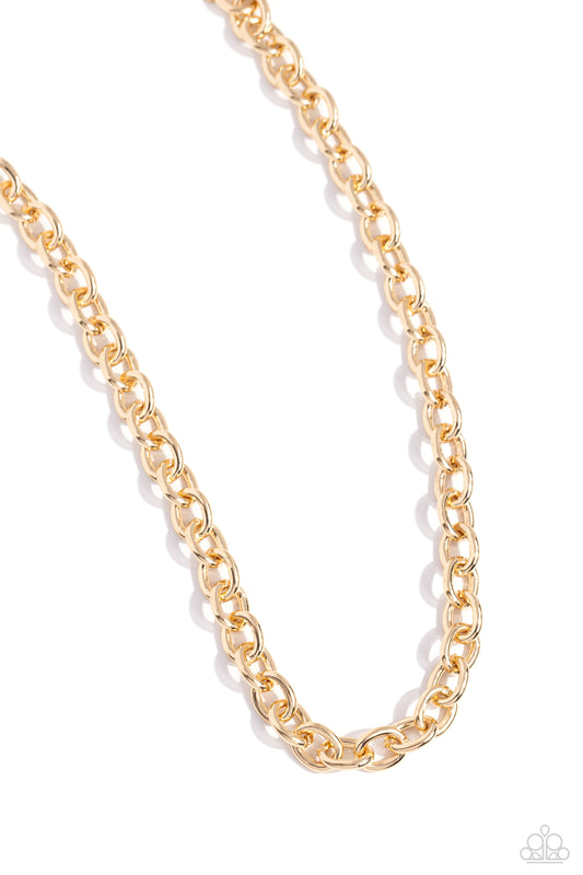 Paparazzi Accessories Things Have CHAIN-ged - Gold A strand of thick oversized gold chain links creates a bold, yet minimalistic statement piece as it wraps around the neck in an industrial-inspired finish. Features an adjustable clasp closure. Sold as on