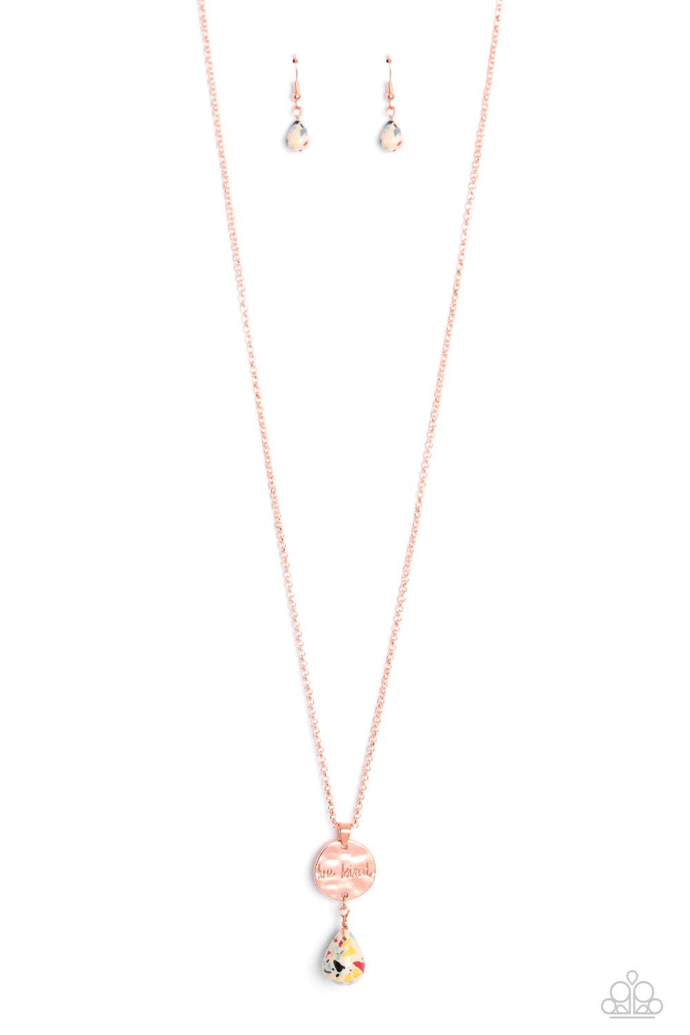 Paparazzi Accessories Caring Couture - Multi Swinging from a dainty shiny copper chain, a hammered disc in the same hue is stamped with the words "be kind." A chiseled stone teardrop painted with multicolored flecks hangs from the bottom of the pendant ad