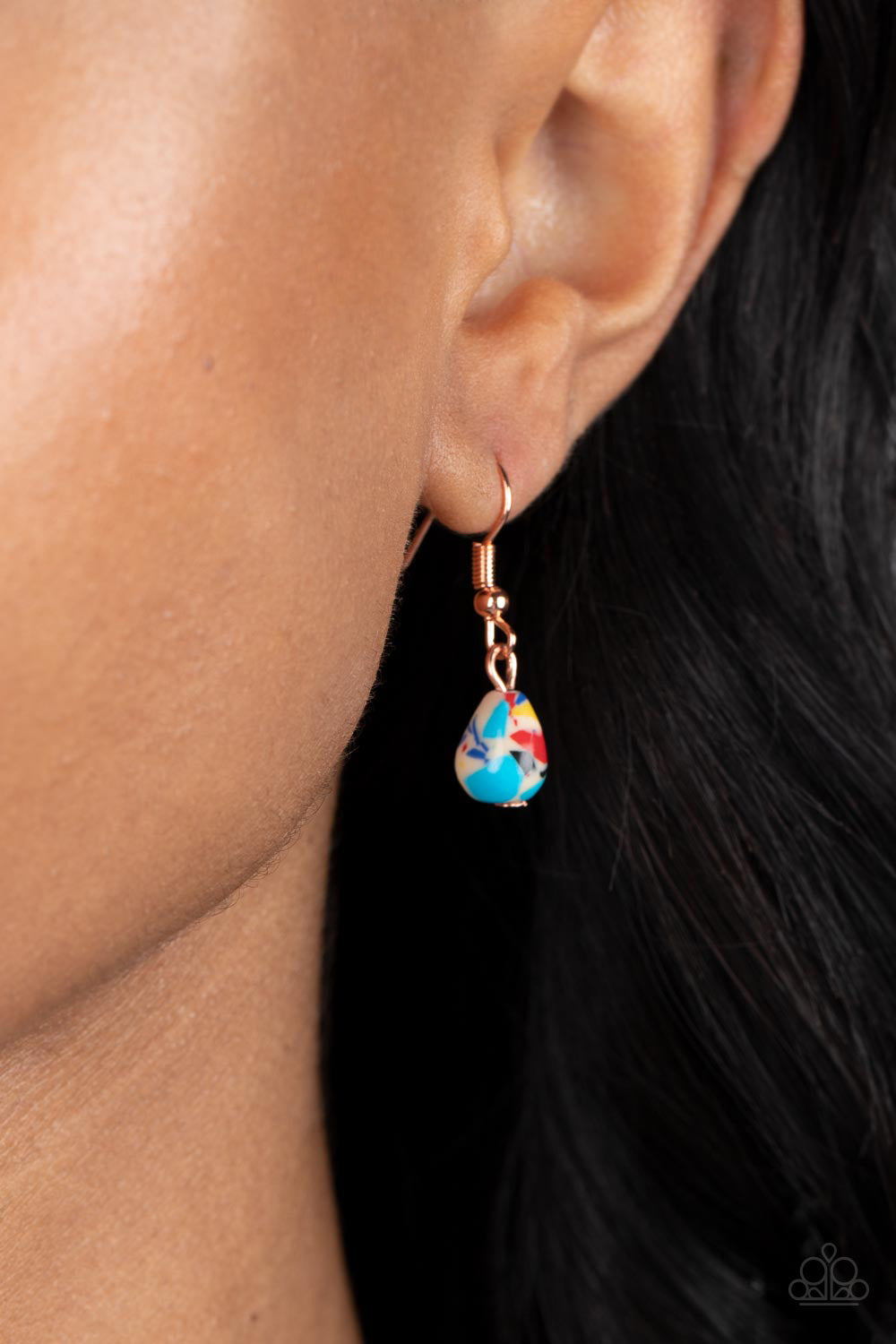 Paparazzi Accessories Caring Couture - Multi Swinging from a dainty shiny copper chain, a hammered disc in the same hue is stamped with the words "be kind." A chiseled stone teardrop painted with multicolored flecks hangs from the bottom of the pendant ad