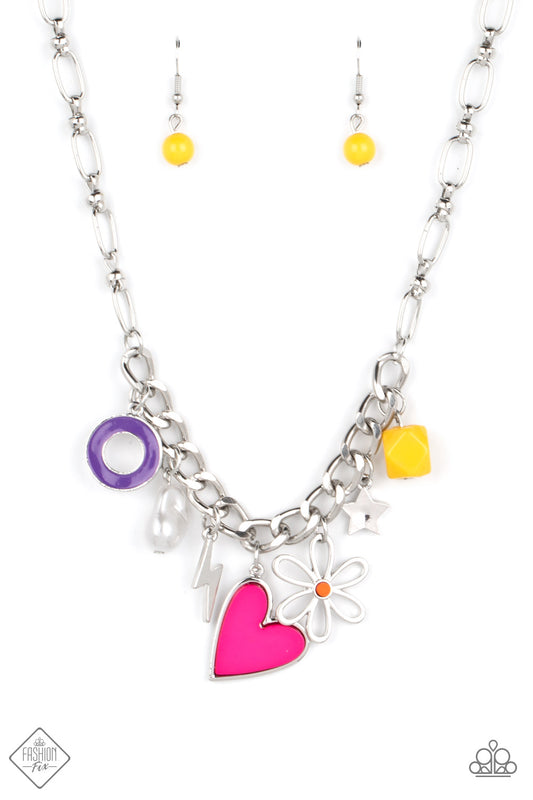 Paparazzi Accessories Living in CHARM-ony - Multi Elongated silver chain links, separated by tiny silver beads, lead down the neckline to a section of thick, flat, silver curb chain. A collection of whimsical charms gather along the thicker chain, includi