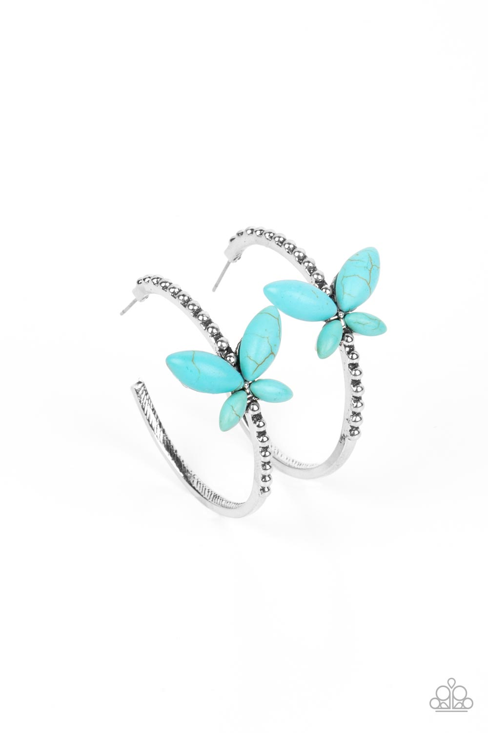 Paparazzi Accessories Bohemian Butterfly - Blue A dainty, turquoise stone butterfly flutters atop the curve of a glistening silver hoop dotted with silver studs, creating a refreshing, whimsical sight. Earring attaches to a standard post fitting. Hoop mea