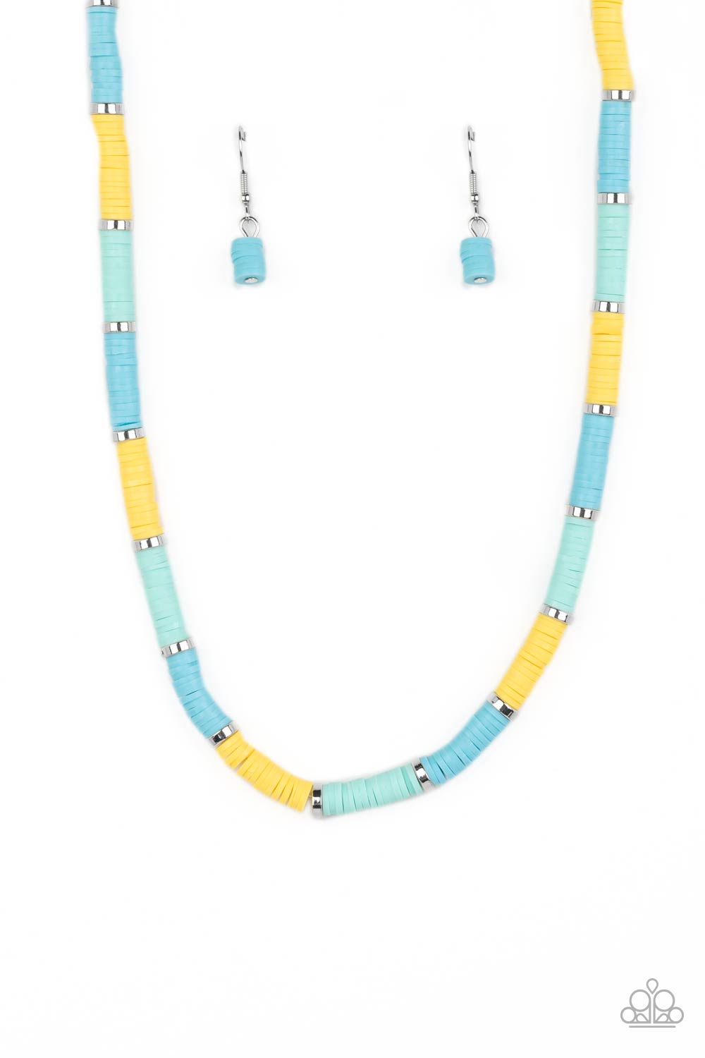 Paparazzi Accessories Rainbow Road - Blue Rubber discs in shades of Waterspout, Primrose, and turquoise are threaded along an invisible wire, adorning the collar in a courageous pop of color. Shiny silver discs separate the bands of color, adding a hint o