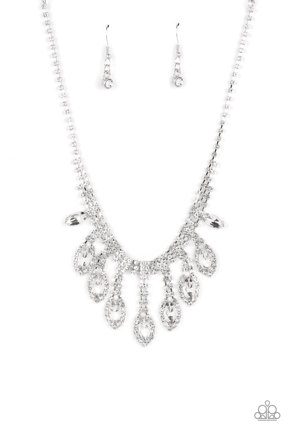 Paparazzi Accessories REIGNING Romance - White A classic silver chain leads down the neckline to a single strand of tiny rhinestones in dainty square fittings. A second row is added as the gems make their way to the centermost point of the design, where a