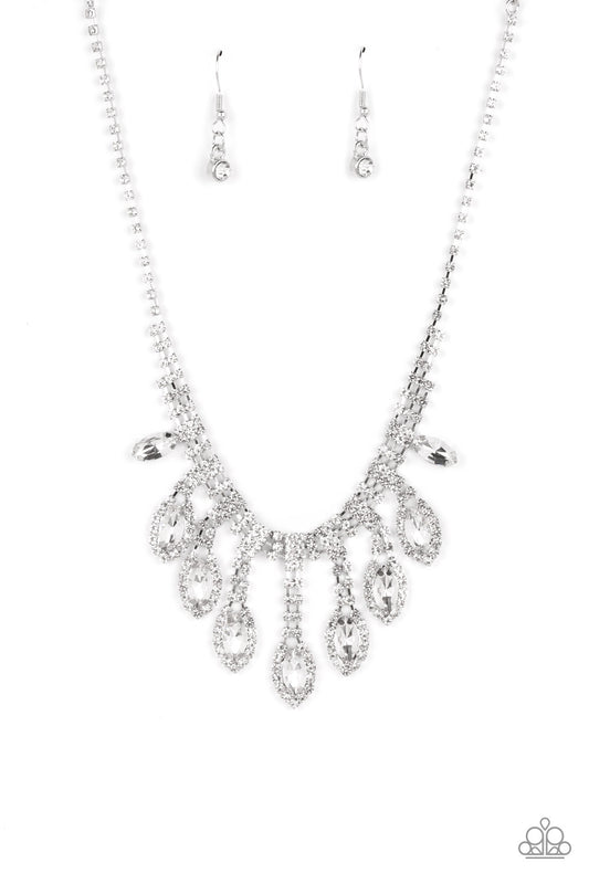Paparazzi Accessories REIGNING Romance - White A classic silver chain leads down the neckline to a single strand of tiny rhinestones in dainty square fittings. A second row is added as the gems make their way to the centermost point of the design, where a