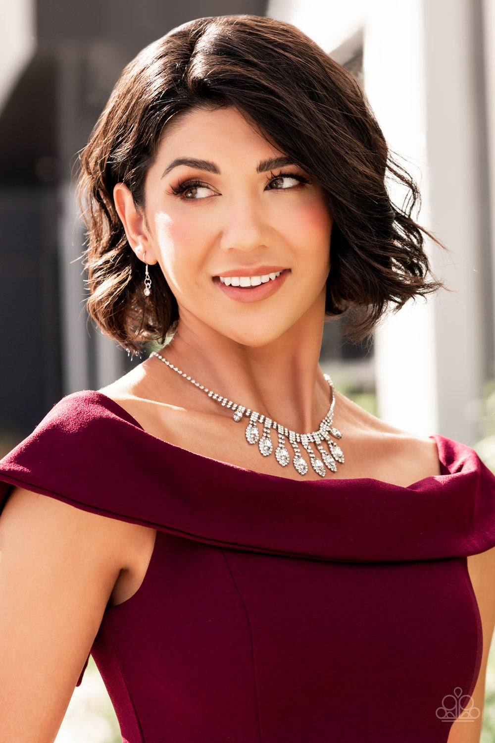 Paparazzi Accessories REIGNING Romance - White A classic silver chain leads down the neckline to a single strand of tiny rhinestones in dainty square fittings. A second row is added as the gems make their way to the centermost point of the design, where a