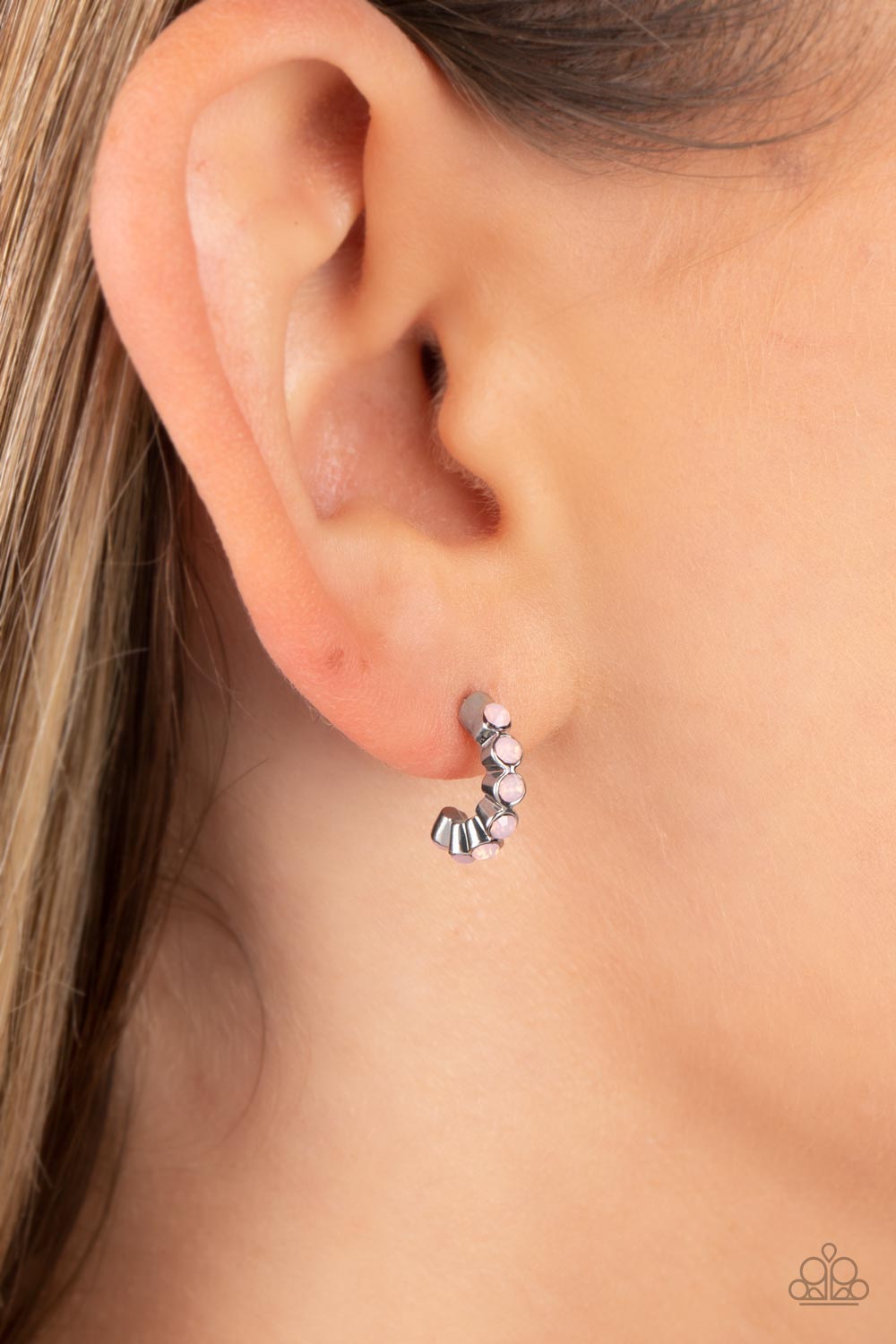 Paparazzi Accessories Carefree Couture - Pink Tiny, rose water, opalescent beads are encased in silver fittings, falling in line as they curve into a dainty hoop. The silver frames create a scalloped pattern along the sides of the hoop, while the opalesce