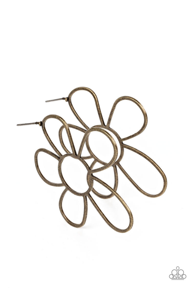 Paparazzi Accessories Rustic Rarity - Brass Gritty, antiqued brass is artfully shaped into an oversized flower. The open framework creates an air of whimsicality, as the exaggerated size of the design leaves a lasting impression. Earring attaches to a sta