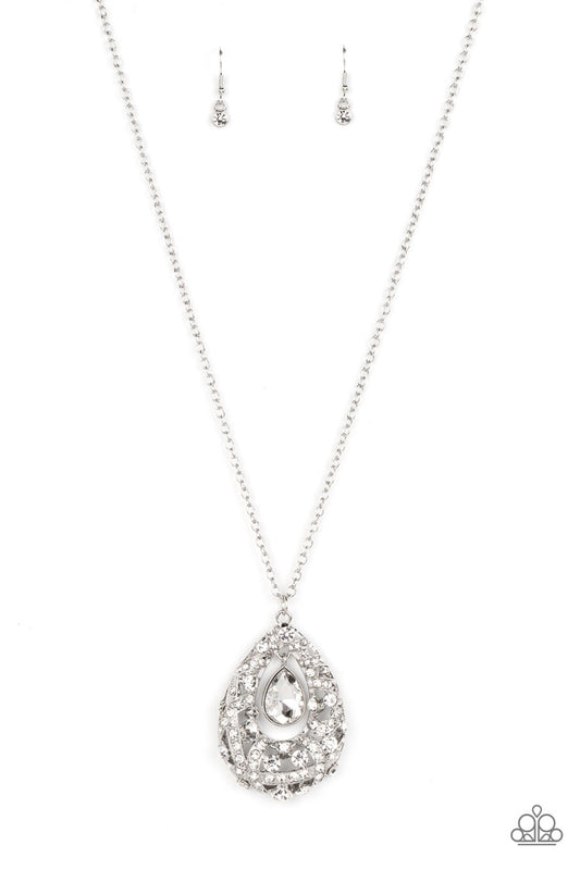 Paparazzi Accessories Glitz and GLOW - White A small teardrop, crystal-like white gem is pressed into a sleek, silver frame as it's suspended from a larger gem and rhinestone-dusted airy teardrop frame. The various sizes of crystal-like gems and white rhi