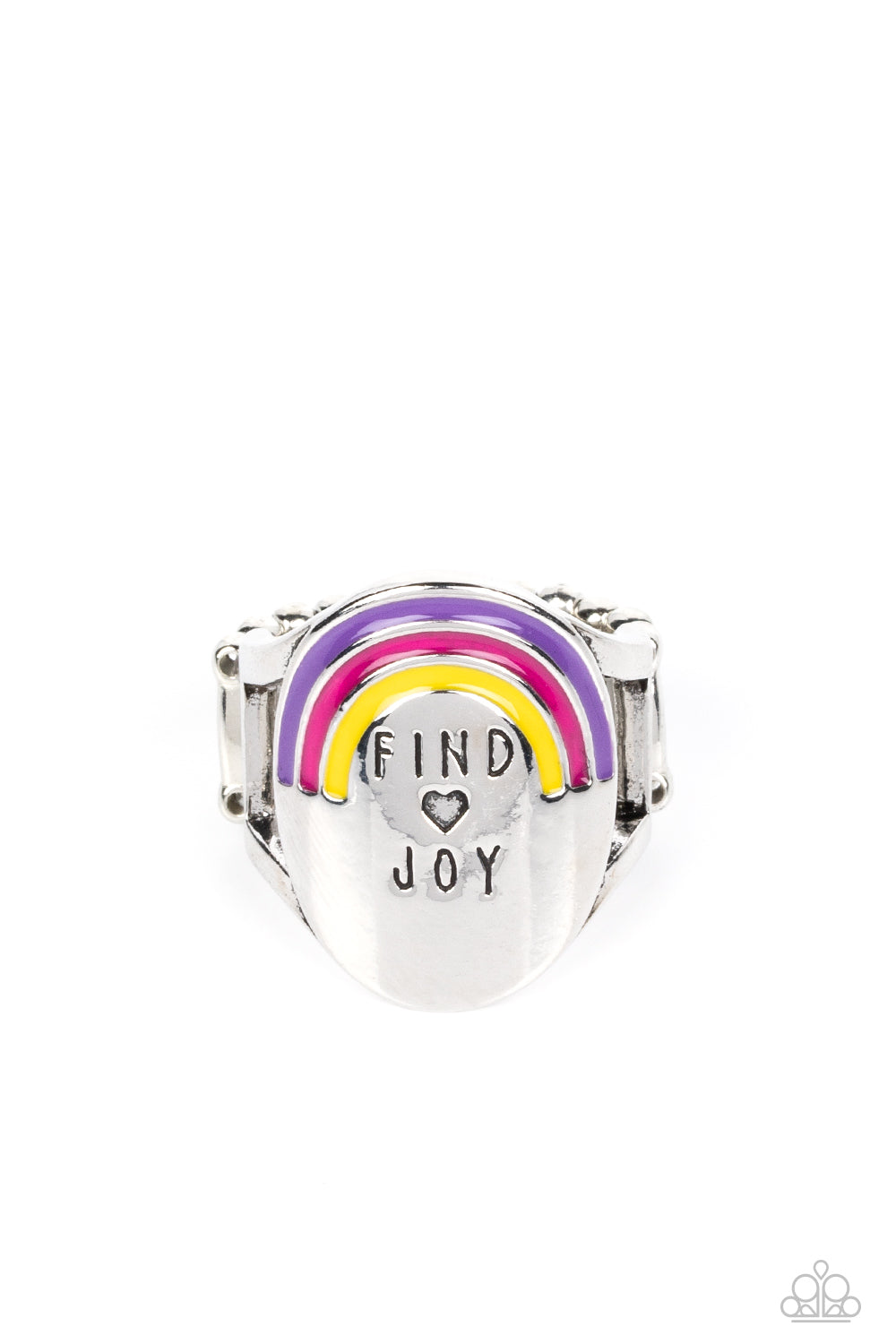 Paparazzi Accessories Rainbow of Joy - Multi A silver oval disc is stamped with the phrase "Find Joy", as a tiny heart outline separates the two words. Colorful bands of Pink Peacock, Samoan Sun, and purple curve above the phrase, creating three arcs of a