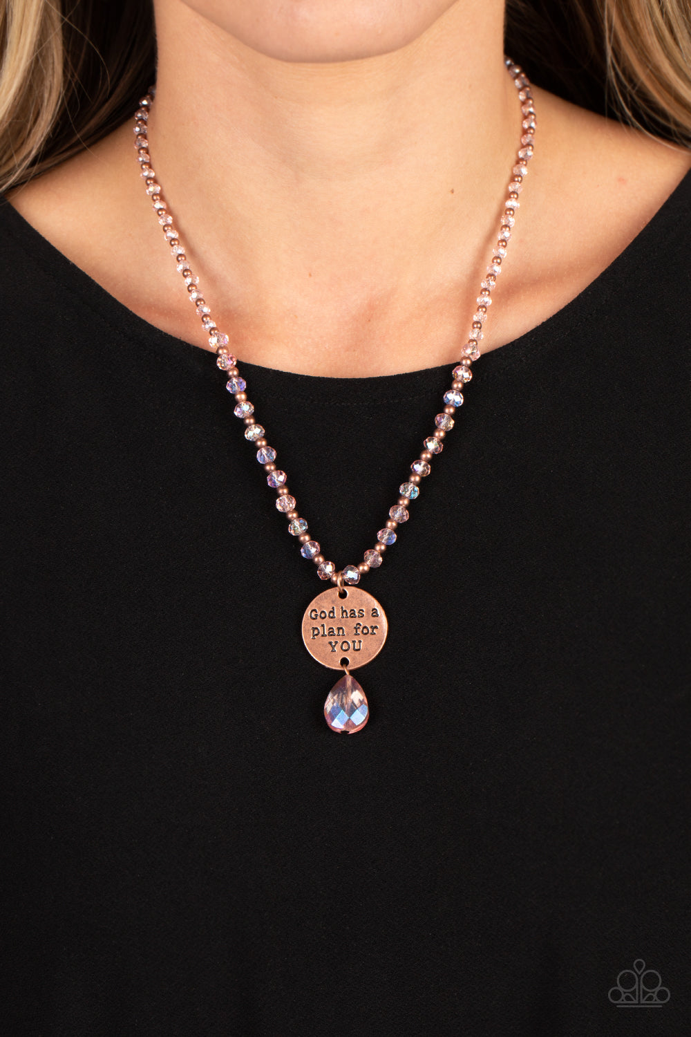 Paparazzi Accessories Priceless Plan - Copper Infused along an invisible wire, copper beads and reflective pink, faceted beads glide down the chest in a shimmery style. Hanging from the bottom of the beads, a burnished copper disc is stamped with the phra