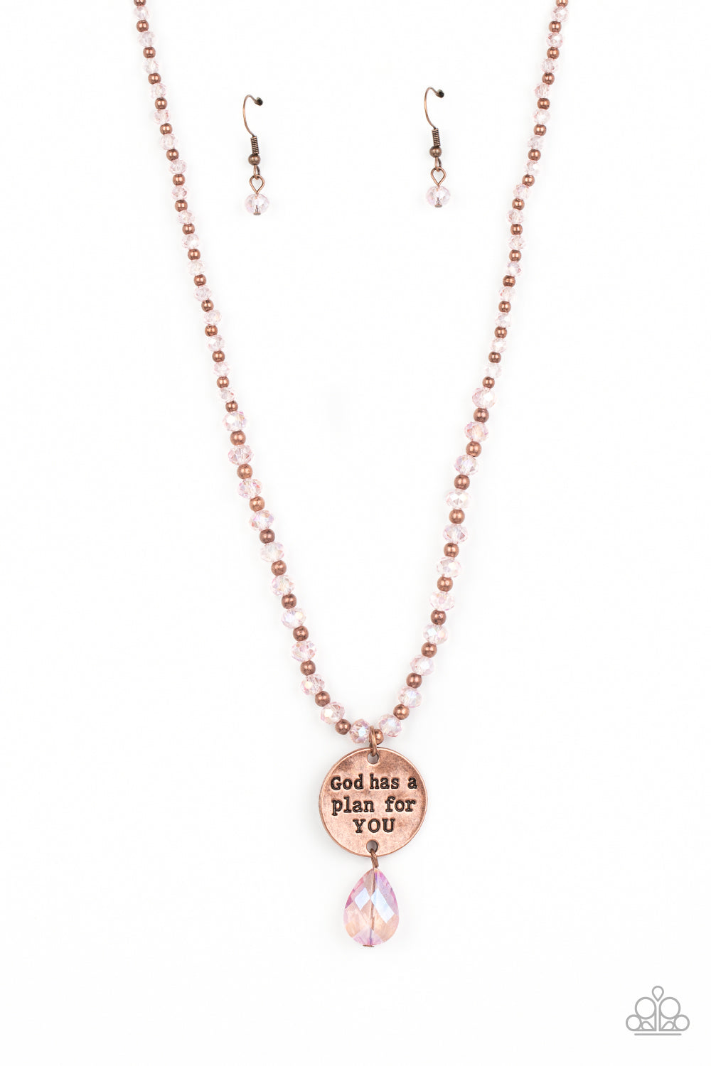 Paparazzi Accessories Priceless Plan - Copper Infused along an invisible wire, copper beads and reflective pink, faceted beads glide down the chest in a shimmery style. Hanging from the bottom of the beads, a burnished copper disc is stamped with the phra