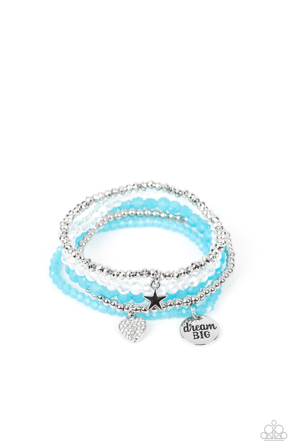 Paparazzi Accessories Teenage DREAMER - Blue Reflective blue, defaced silver, reflective white, and smooth silver beads wrap around stretchy bands, and combine into a colorful stack along the wrist. The reflective, blue-beaded bracelet features a silver p