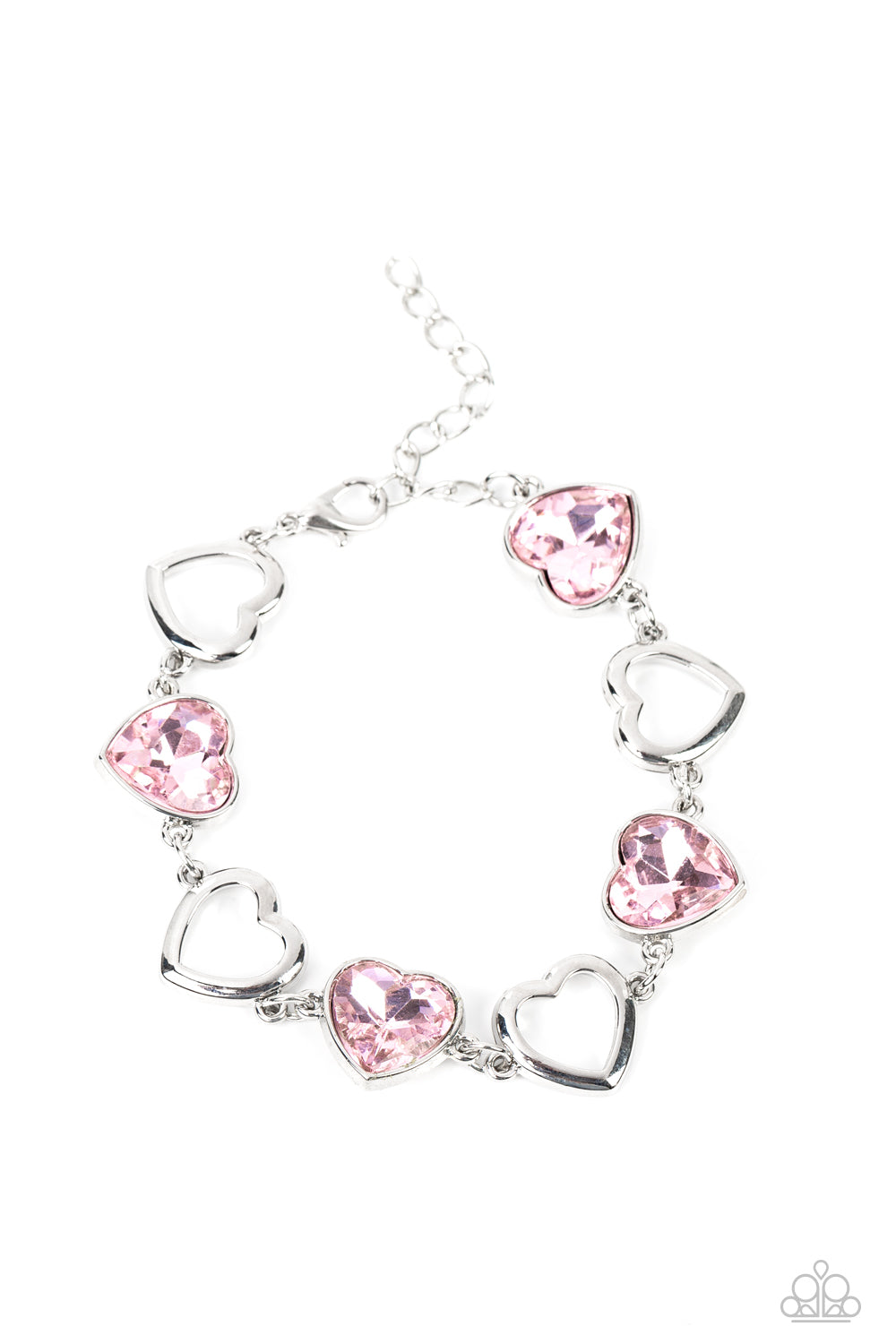 Paparazzi Accessories Sentimental Sweethearts - Pink Airy, sleek, silver heart silhouettes interchange with pink heart gems pressed into silver frames for a romantic statement around the wrist. Features an adjustable clasp closure. Sold as one individual