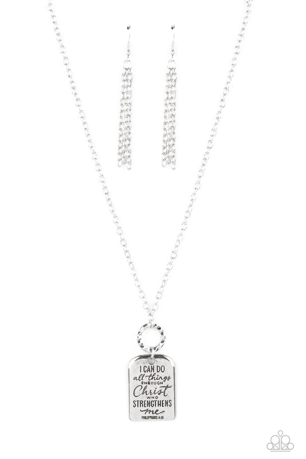 Paparazzi Accessories Persevering Philippians - Silver Dangling from a simple silver chain, a hammered silver hoop boosts a rounded rectangular plate. Lightly hammered in gritty detail, the silver pendant is stamped with the popular phrase "I can do all t