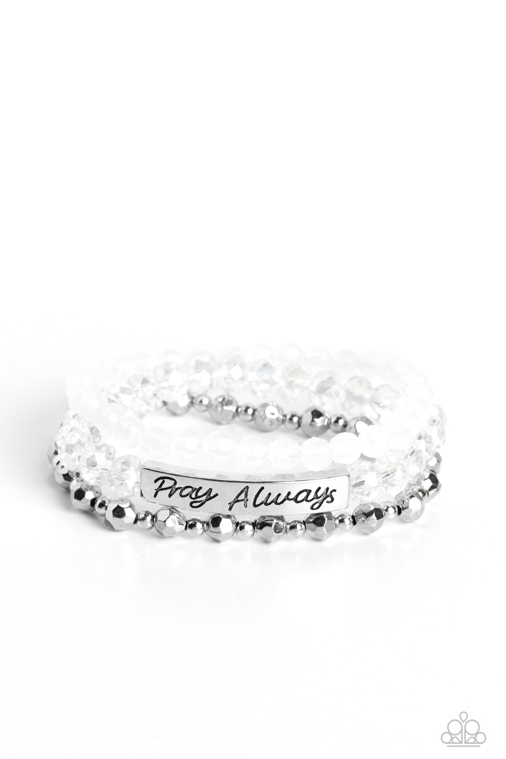 Paparazzi Accessories Pray Always - White Varying in shape and shimmer, faceted silver beads, milky white beads, and glittery crystal-like beads are threaded along elastic stretchy bands, creating colorful layers across the wrist. Featured on the crystal-