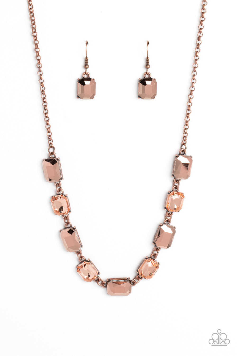 Paparazzi Accessories Emerald Envy - Copper A dazzling collection of emerald-cut gems splashed in peachy hues, and coppery aurum are featured in this stunning statement piece. The aurum emerald-cut beads cascade down the neck from a classic copper chain f