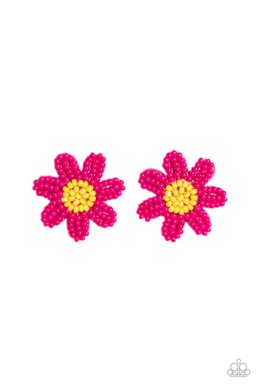 Paparazzi Accessories Sensational Seeds - Pink Layers of hot pink seed bead petals fan out from a yellow seed bead center, blooming into a textured floral centerpiece. Earring attaches to a standard post fitting. Sold as one pair of post earrings. Jewelry