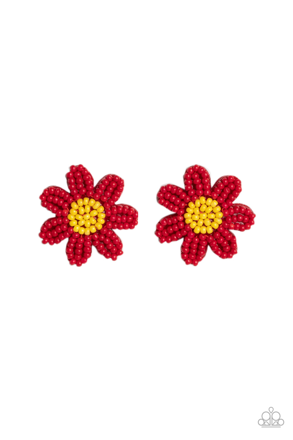 Paparazzi Accessories Sensational Seeds - Red Layers of red seed bead petals fan out from a yellow seed bead center, blooming into a textured floral centerpiece. Earring attaches to a standard post fitting. Sold as one pair of post earrings. Jewelry