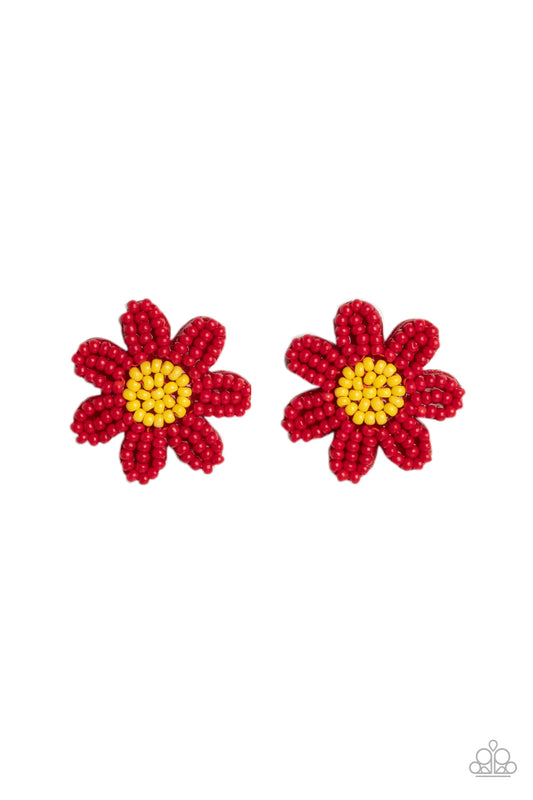 Paparazzi Accessories Sensational Seeds - Red Layers of red seed bead petals fan out from a yellow seed bead center, blooming into a textured floral centerpiece. Earring attaches to a standard post fitting. Sold as one pair of post earrings. Jewelry