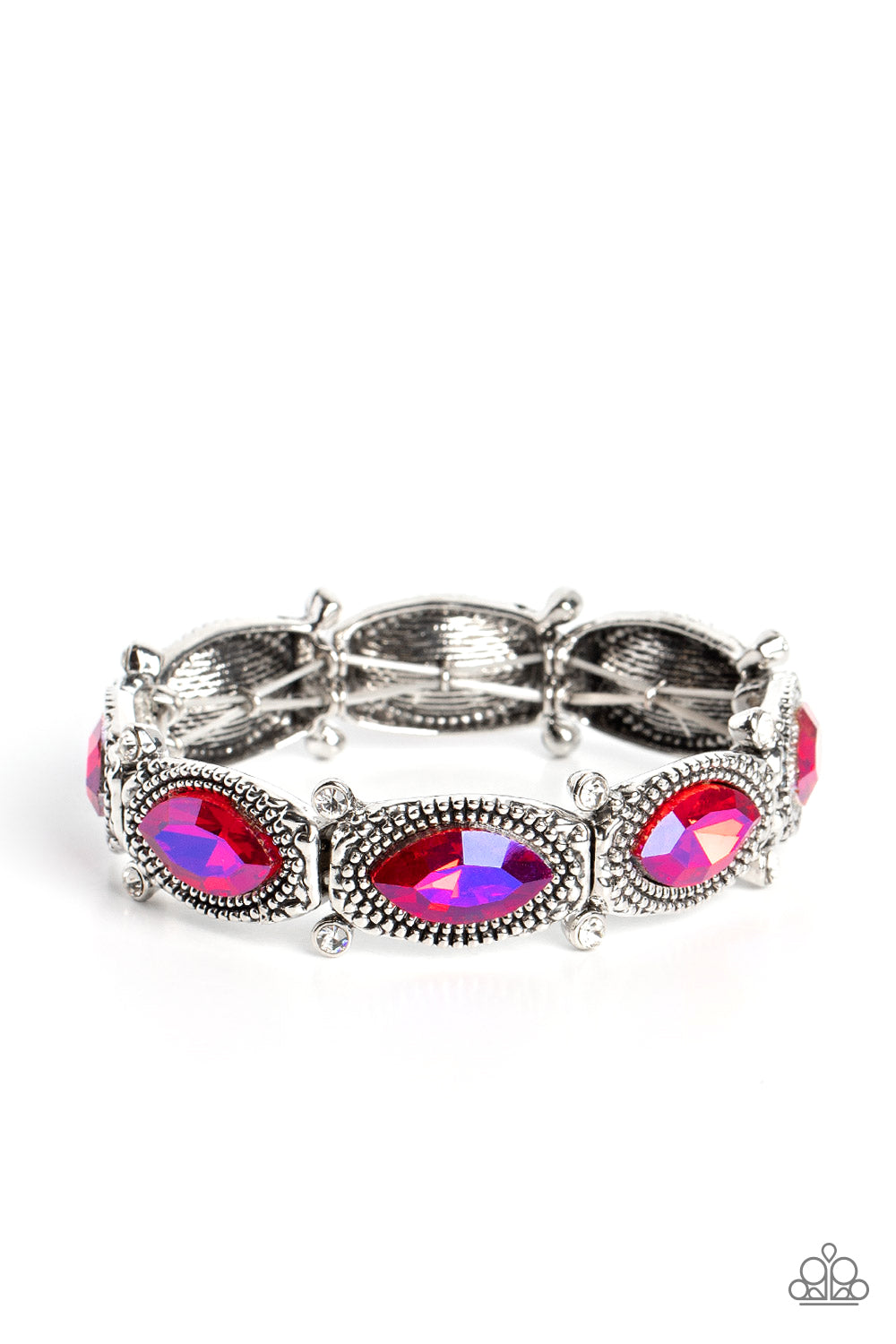 Paparazzi Accessories Dancing Diva - Pink Glittery pink gems are pressed into silver studded, marquise-cut frames, titled on its side. Separated by dainty white rhinestones encased in sleek silver frames, the sparkly collection is threaded along elastic s