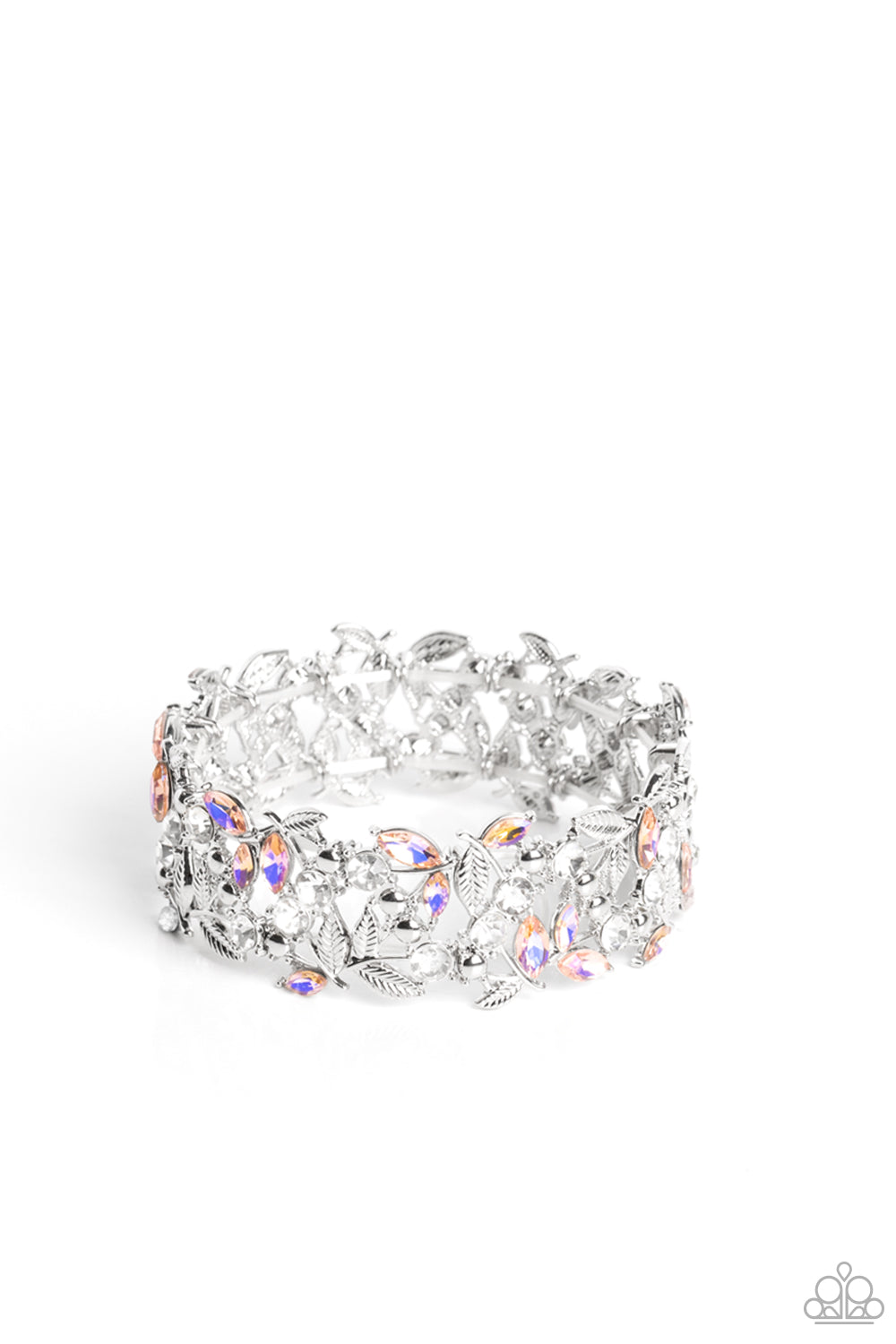Paparazzi Accessories Feathered Finesse - Orange Round white gems and marquise-cut iridescent orange gems intertwine around polished silver studs and ornate feather-like details in a glitzy pattern. The textured, glittery display is threaded along elastic
