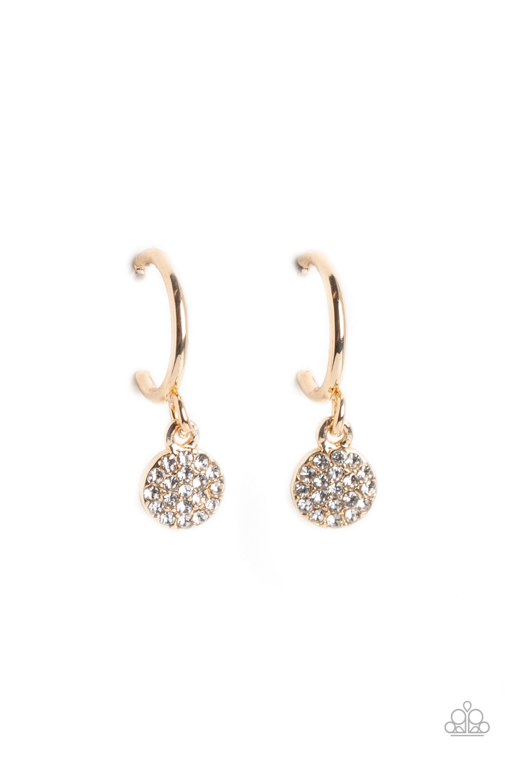 Paparazzi Accessories Bodacious Ballroom - Gold Swinging from a glistening gold hoop, a dainty gold disc, embossed with white rhinestones glimmers, adding a subtle shimmer around the ear. Earring attaches to a standard post fitting. Hoop measures approxim