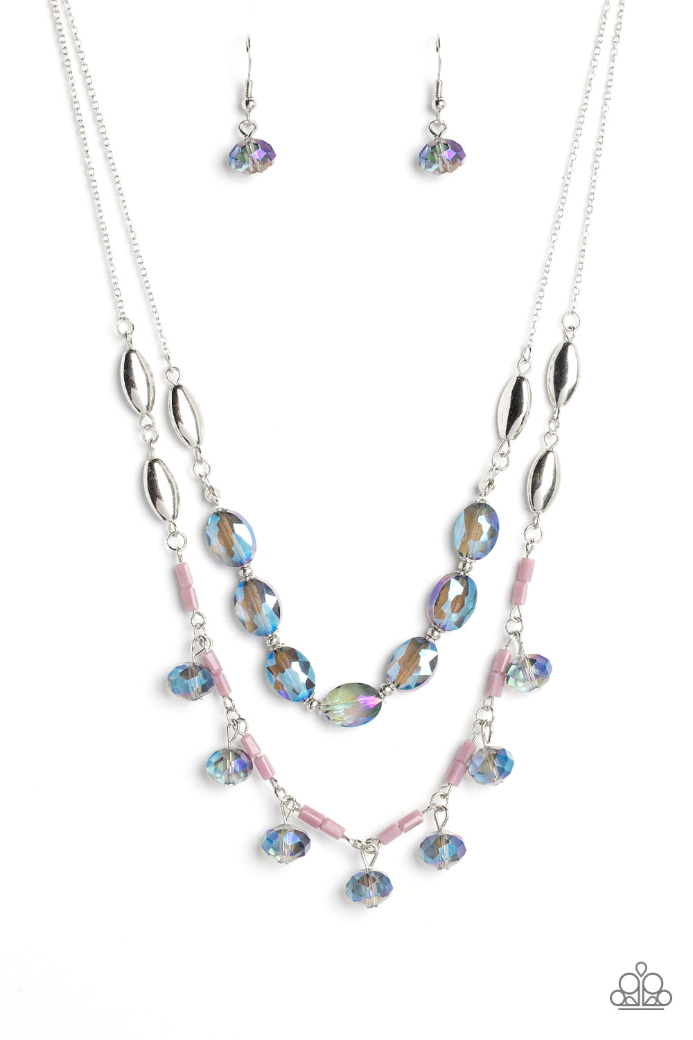 Paparazzi Accessories Sheen Season - Blue Two strands of dainty silver chain are adorned in a collection of mauve opaque beads, faceted glassy blue beads, and silver accents, culminating in a layered design rich with vintage character. The glassy beads th