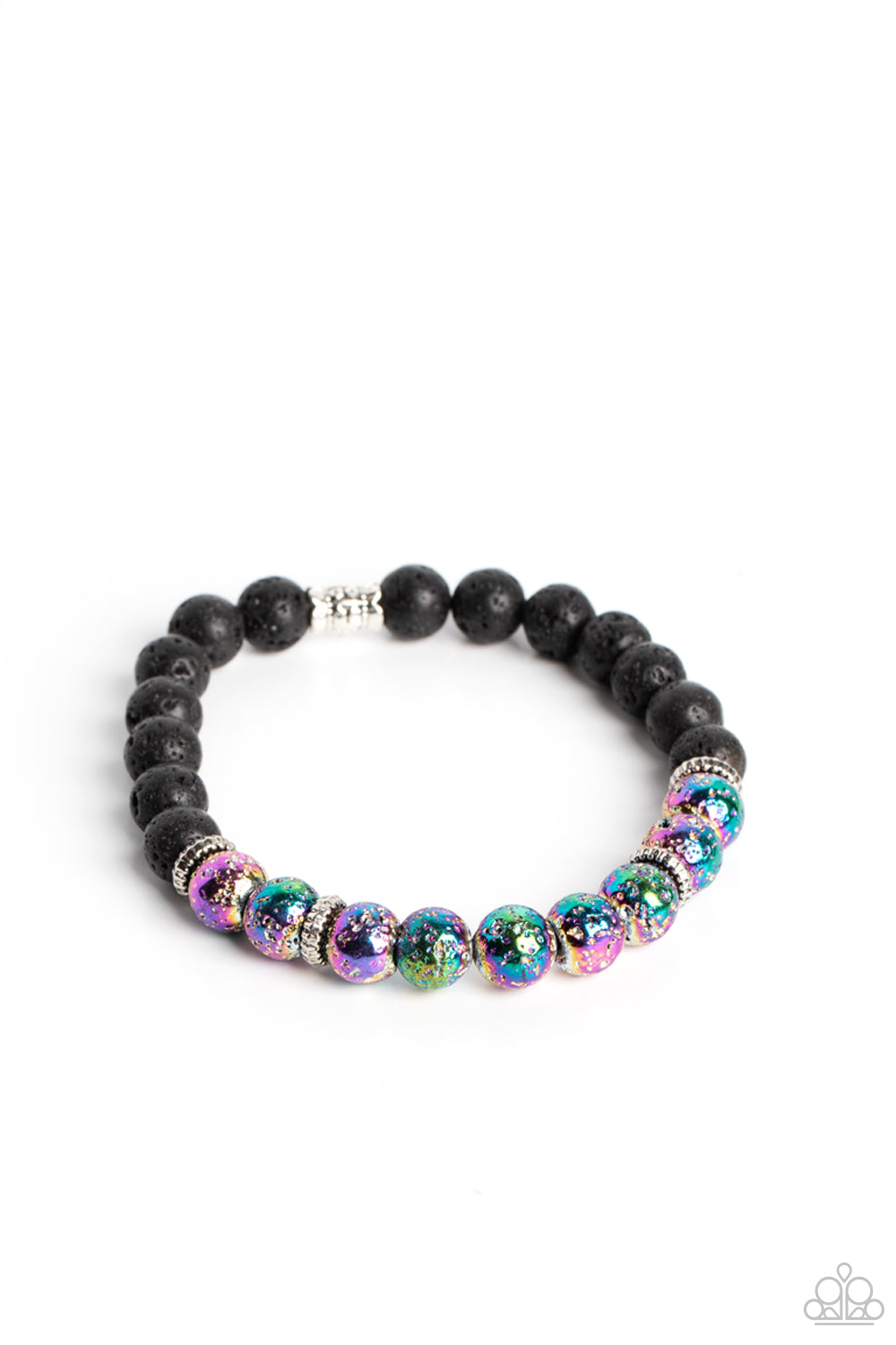 Paparazzi Accessories LAVA Story - Multi A stellar assortment of oil spill lava rock beads, silver accents, and black lava rock beads are threaded along an elastic stretchy band around the wrist for an urban flair. Due to its prismatic palette, color may
