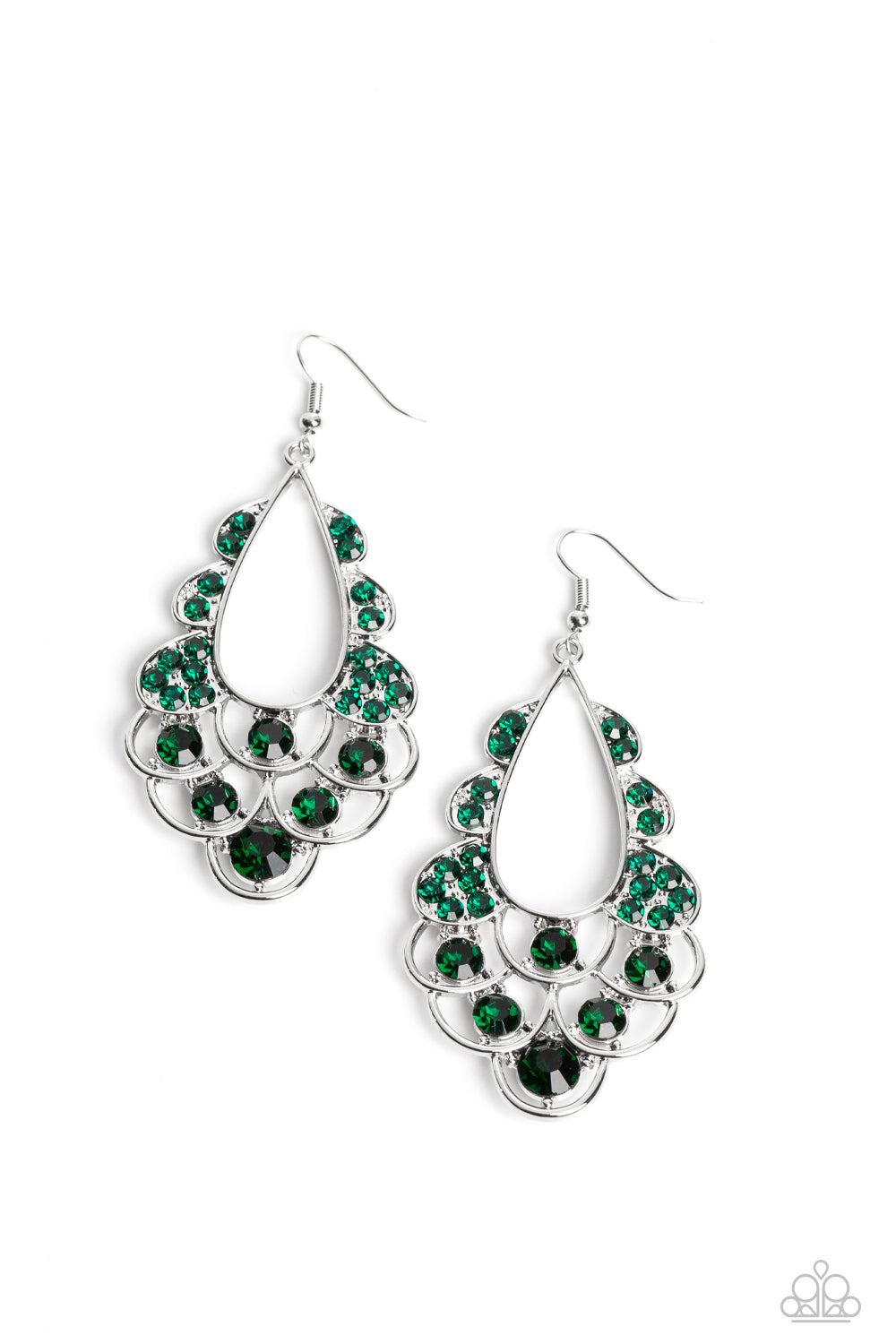 Paparazzi Accessories Majestic Masquerade - Green Airy loops of high-sheen silver, dotted with glittery emerald faceted gems, ripple out from an airy teardrop shape. Some curls feature solitaire oversized gems, while others feature a dainty collection res