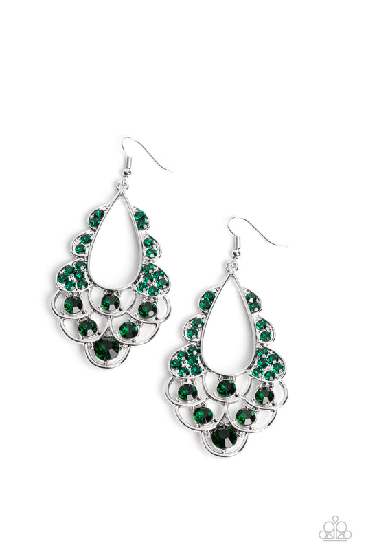 Paparazzi Accessories Majestic Masquerade - Green Airy loops of high-sheen silver, dotted with glittery emerald faceted gems, ripple out from an airy teardrop shape. Some curls feature solitaire oversized gems, while others feature a dainty collection res