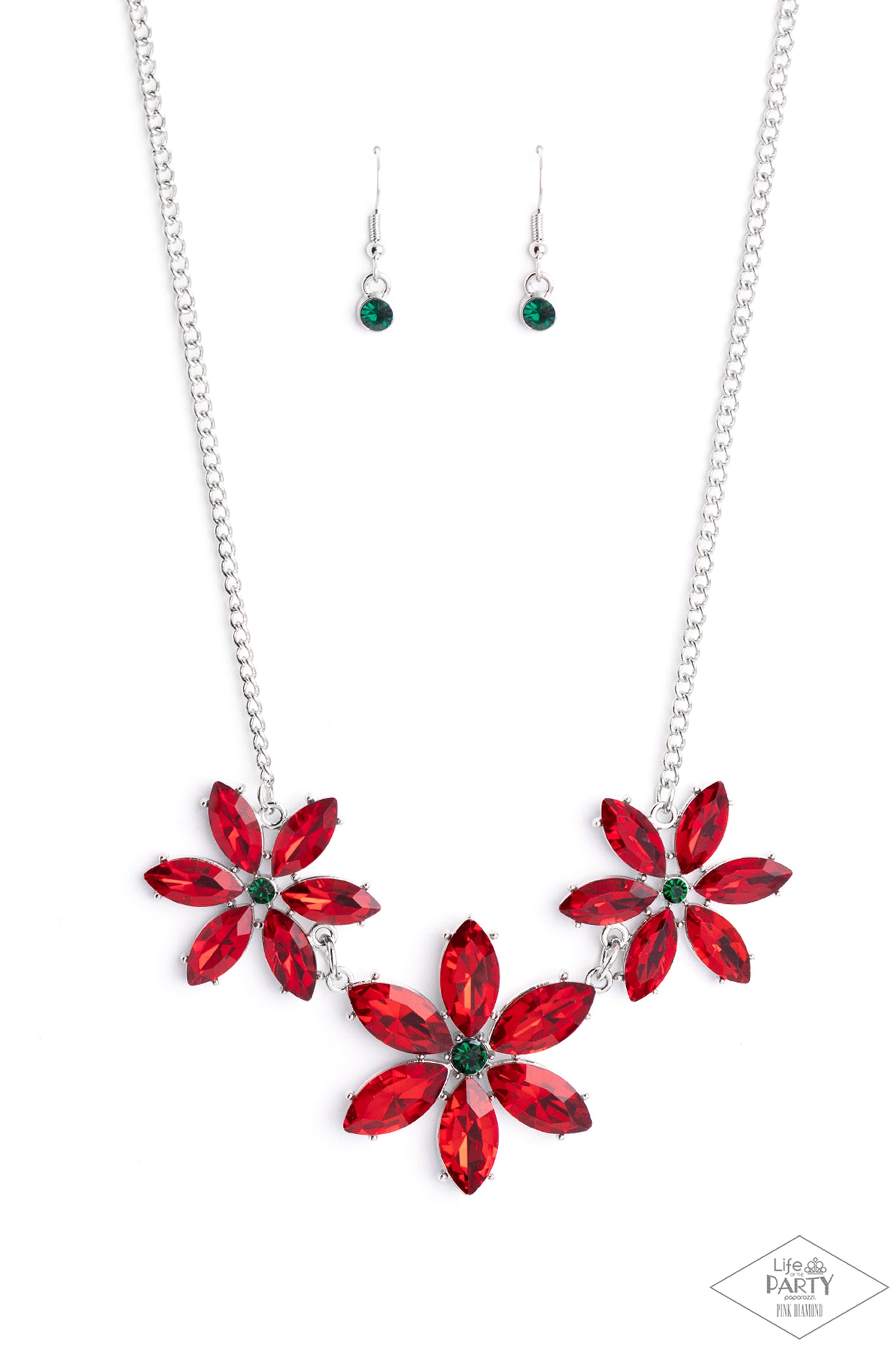 Paparazzi Accessories Meadow Muse - Multi Rich red marquise cut rhinestones gather into whimsical flowers dotted with brilliant emerald rhinestone centers. The sparkling red gems are set in pronged settings and connect to a dainty silver chain creating a