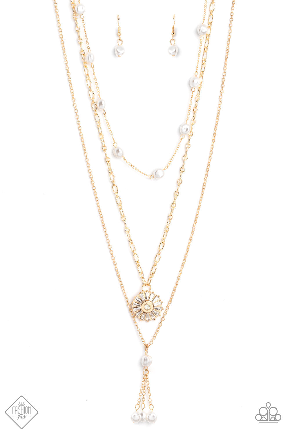 Paparazzi Accessories Audaciously Austen - Gold Three shimmery gold chains layer across the chest, with each strand featuring a different motif. Featured on the uppermost chain, white baroque pearls sporadically dot a dainty gold chain. Below it, a gold p