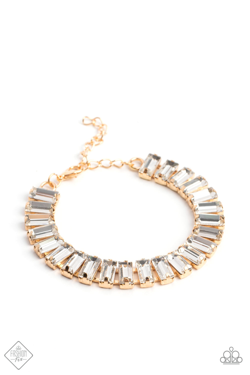 Paparazzi Accessories Darling Debutante - Gold Set in prominent, pronged gold fittings, a glassy collection of emerald-cut, white gems fall in line around the wrist, creating a stunning, light-catching display. Features an adjustable clasp closure. Sold a