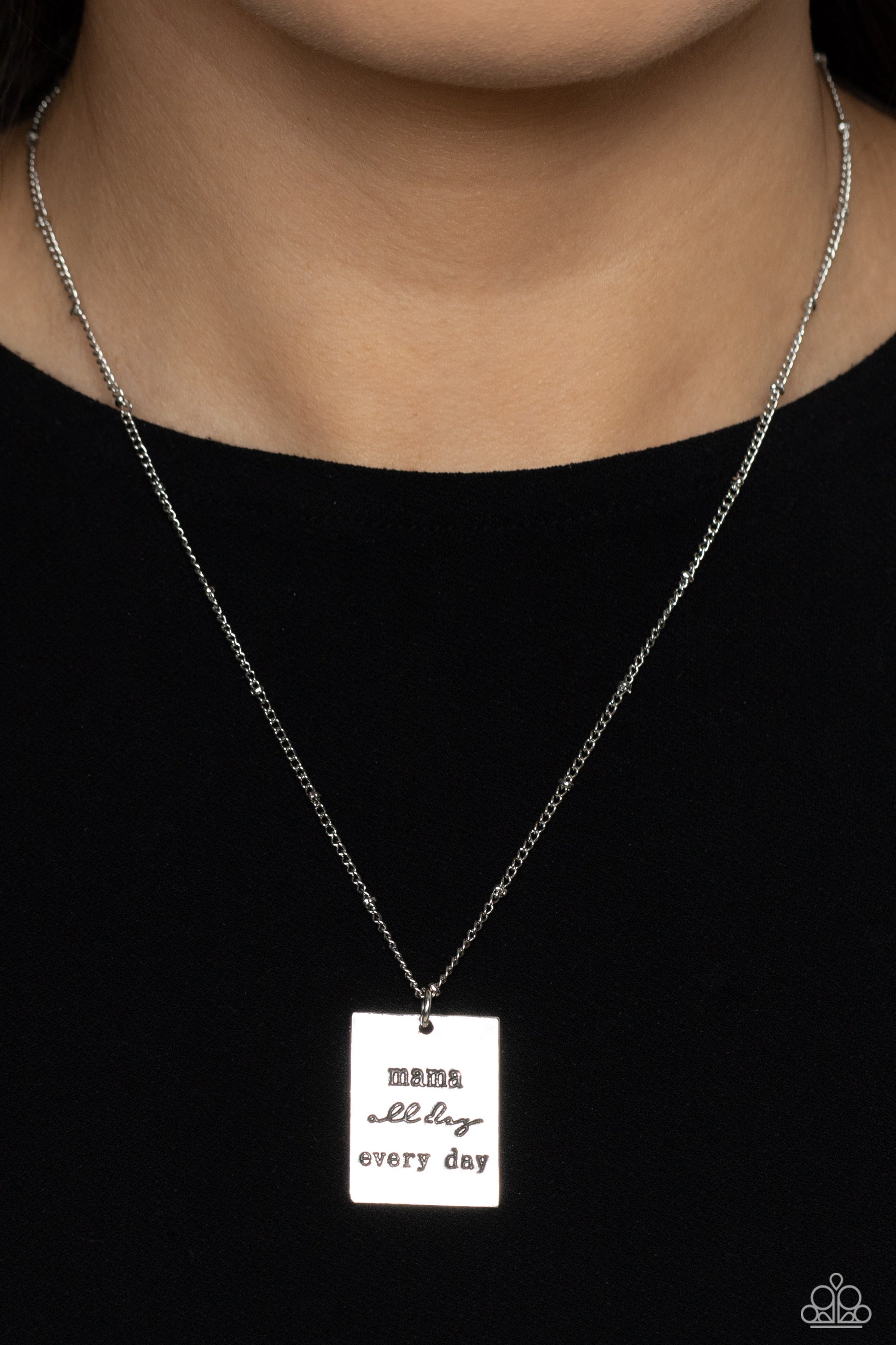 Paparazzi Accessories Mama MVP - Silver Infused with dainty silver studs on a dainty silver chain, a silver rectangular plate is stamped with the phrase "mama all day every day," for a monochromatic, minimalistic tribute. Features an adjustable clasp clos