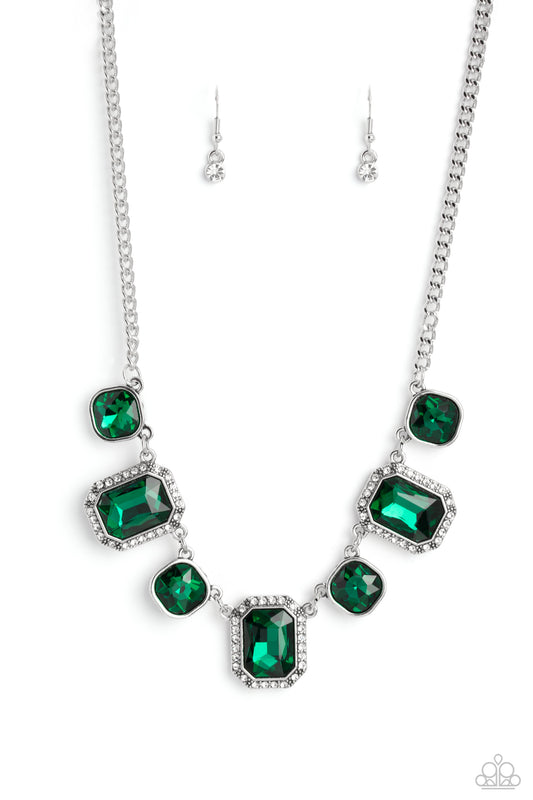Paparazzi Accessories Royal Rumble - Green Dazzling gems, in both round and emerald-cuts, fall along the collar in an alternating pattern. Each gem is splashed in an emerald green hue amplifying its impact, while the emerald-cut gems showcase some glitter