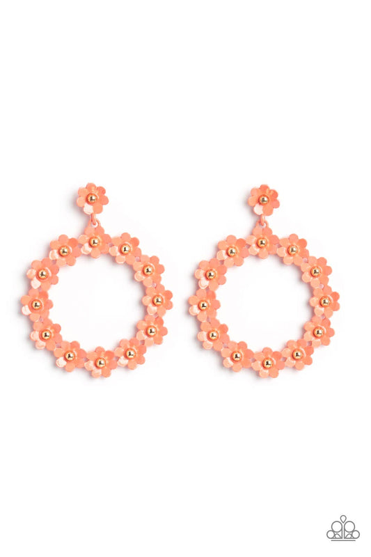 Paparazzi Accessories Daisy Meadows - Orange Hanging from a solitaire coral daisy, a dainty collection of coral daisies bloom into a free-spirited wreath below the ear. Gold studs gleam from the centers of the tactile flowers, adding an industrial sheen t
