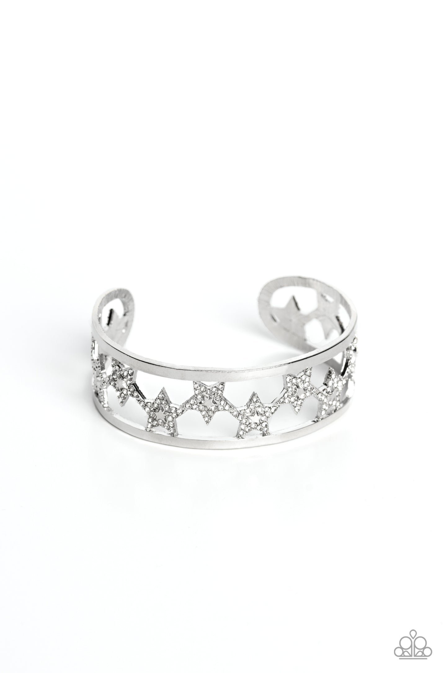 Paparazzi Accessories Starry Suffragette - White White rhinestone-studded stars alternate between one another inside an airy silver cuff for a patriotic, refined sparkle. Sold as one individual bracelet. Jewelry
