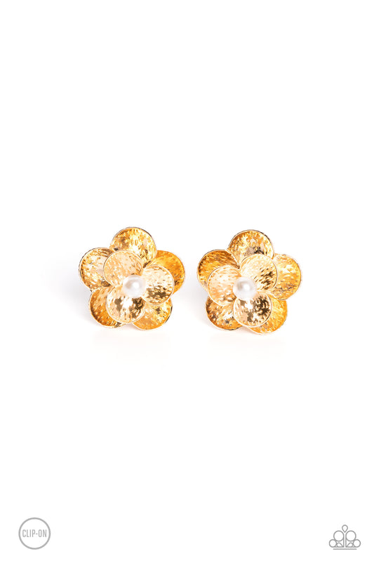 Paparazzi Accessories Miami Magic - Gold Flaring out from a white pearl center, gold flowers, featuring studded petals, grace the ear. An oversized gold flower, featuring the same studded design as the smaller flower, creates the 3D design and draws addit
