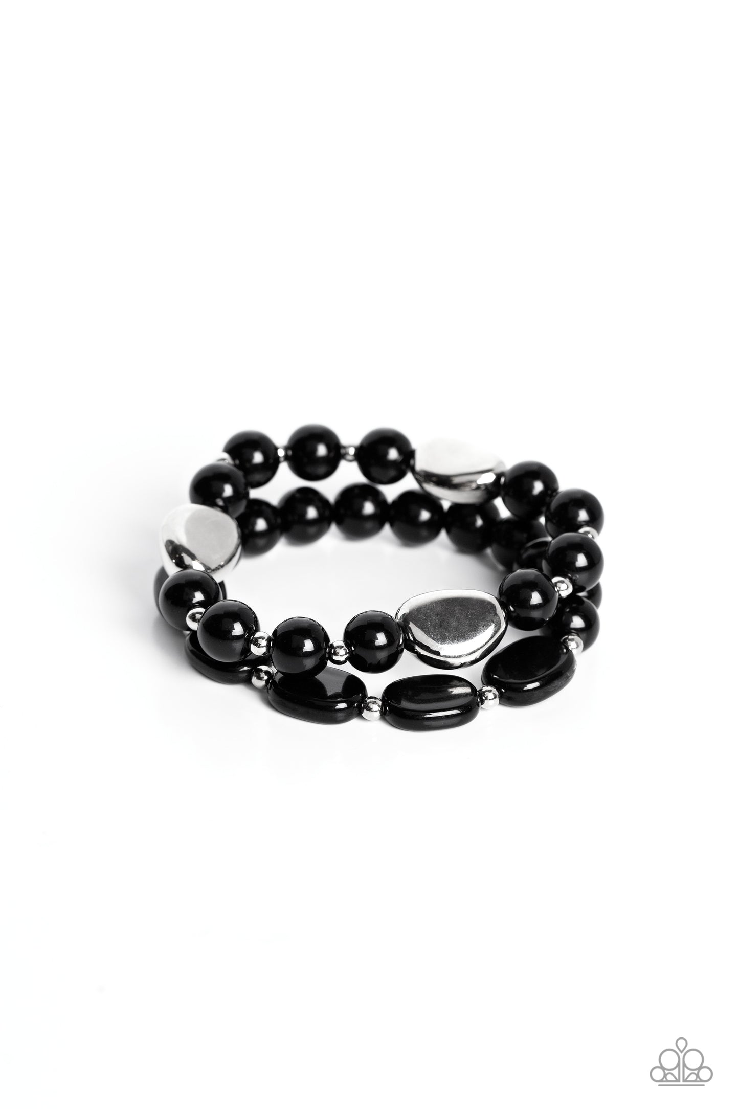 Paparazzi Accessories Roadhouse Renegade - Black A collection of round and flat black beads, silver accents and concaved silver beads are threaded along stretchy bands around the wrist, creating colorful layers. Sold as one set of two bracelets. Jewelry