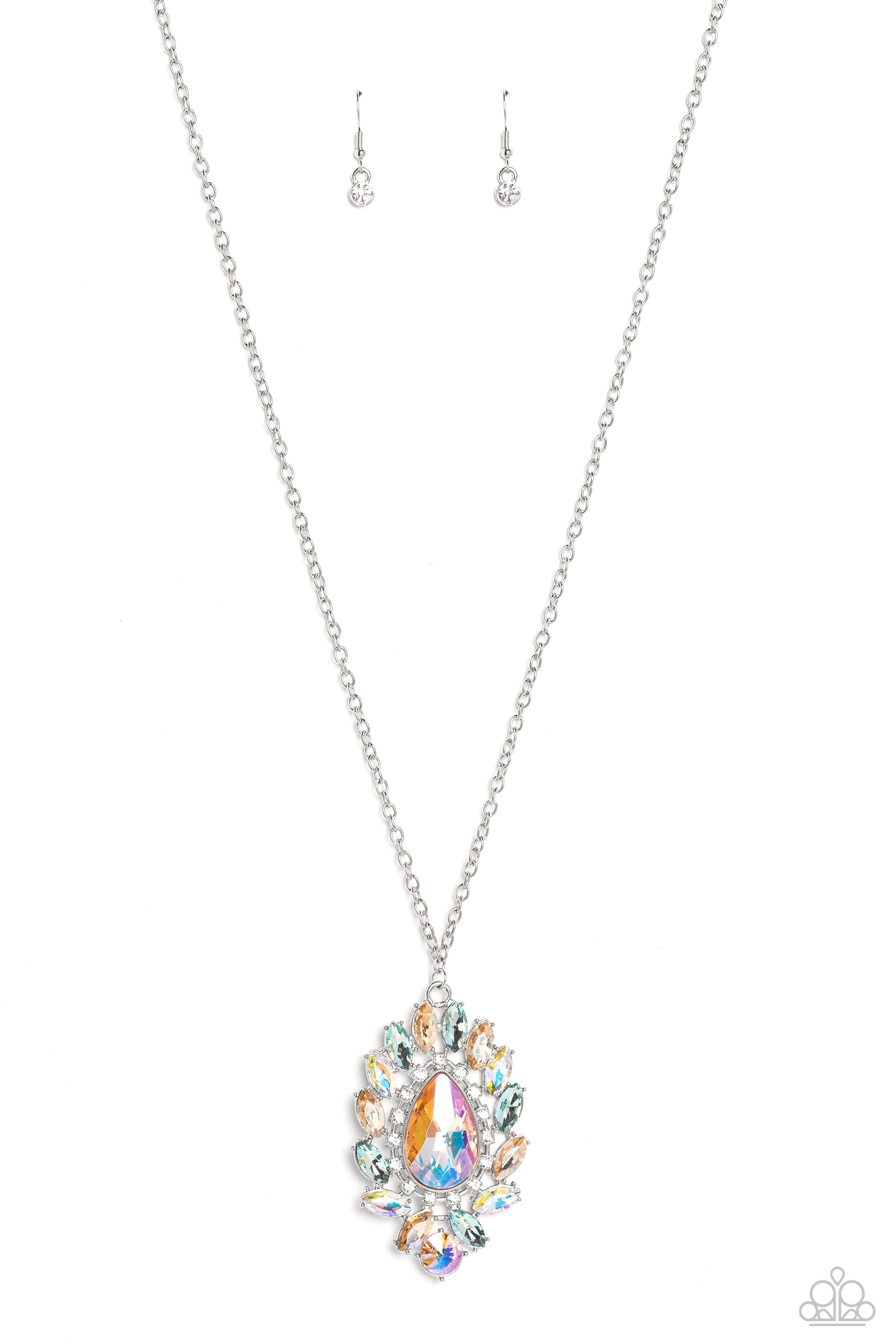 Paparazzi Accessories Over the TEARDROP - Multi Encircling an oversized, faceted, UV shimmery teardrop, an explosion of iridescent, peachy, and blue marquise-cut gems fans out below the chest reflecting light off every surface. A row of white rhinestones