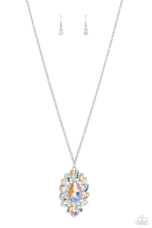 Paparazzi Accessories Over the TEARDROP - Multi Encircling an oversized, faceted, UV shimmery teardrop, an explosion of iridescent, peachy, and blue marquise-cut gems fans out below the chest reflecting light off every surface. A row of white rhinestones